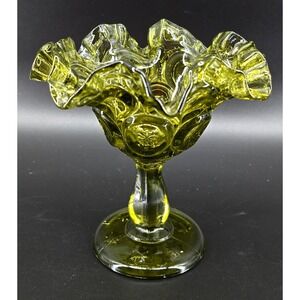 Vtg Fenton Green Glass Thumbprint Compote Ruffled Edge on Pedestal 6x5.5" Colony